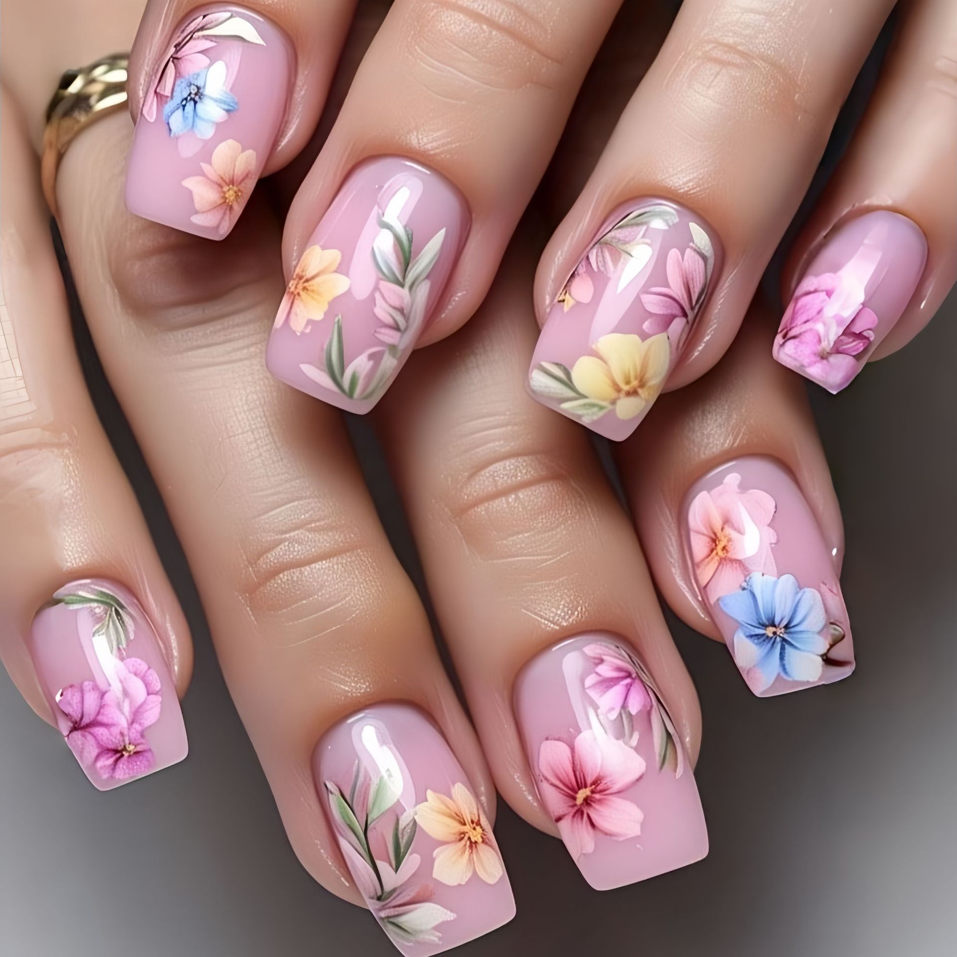 Pressed Flower Art - Uñas postizas medianas para mujeres y