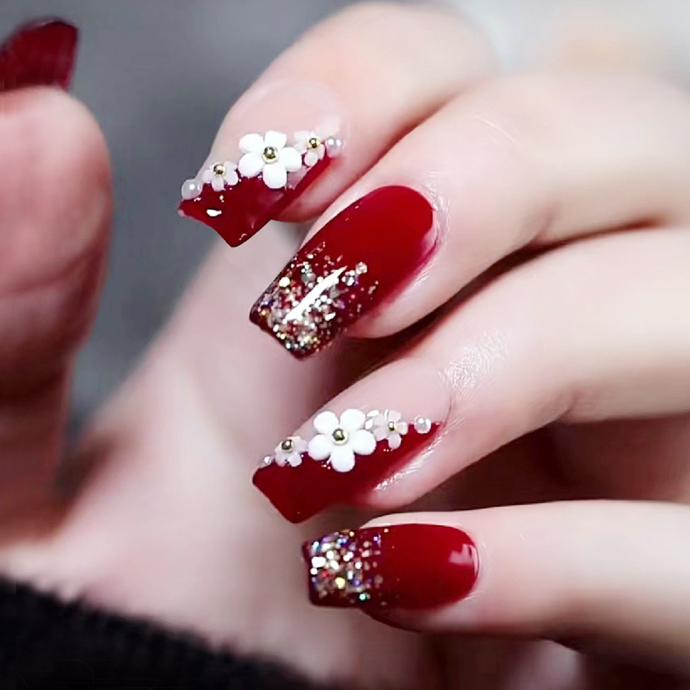 24 Uds. De uñas postizas rojas - Pressed Flower Art reseña y precio
